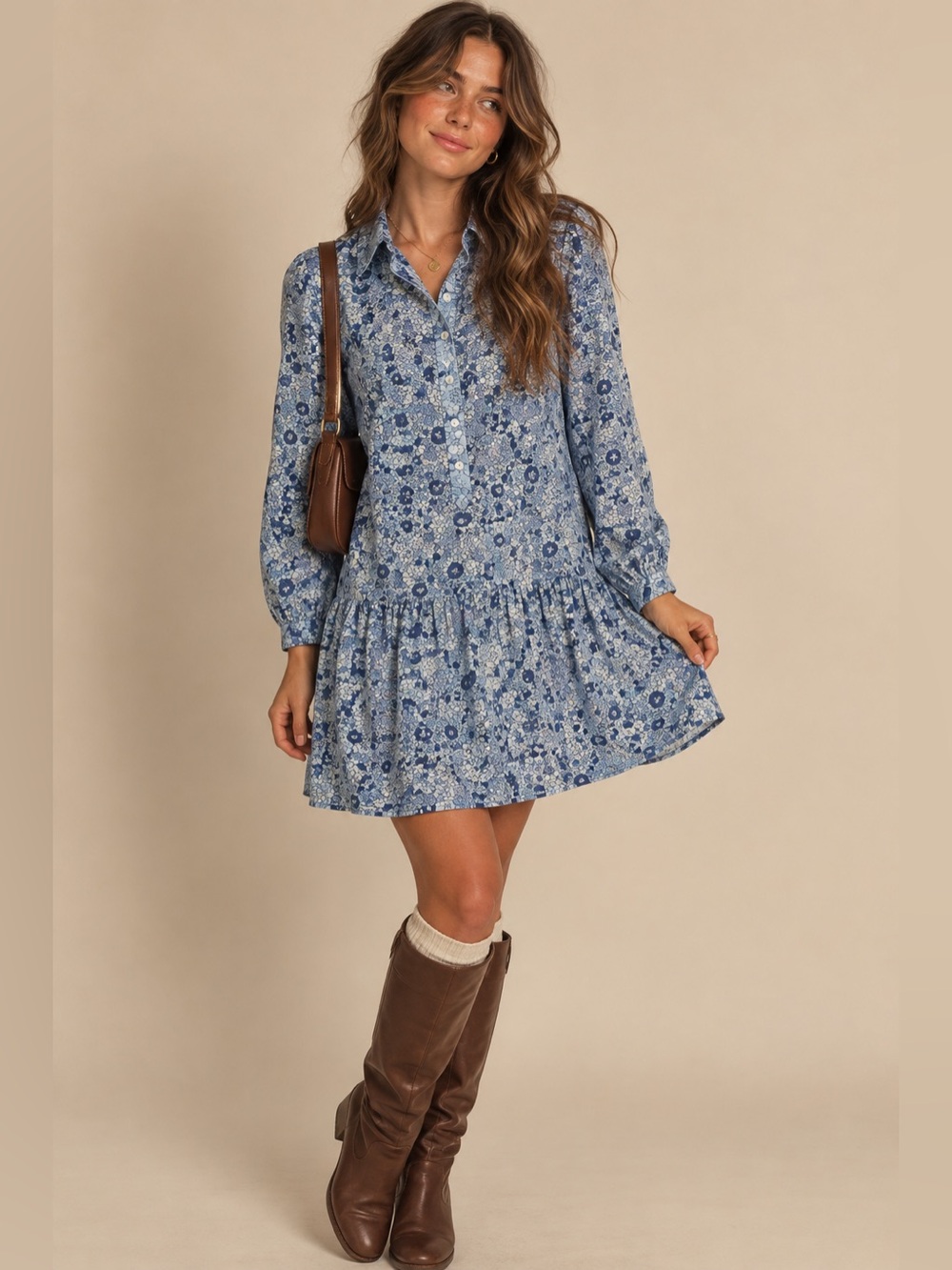 Tuckernuck Blue Hydrangea Floral Drop Waist Shirt Mini Dress M Preppy Coastal